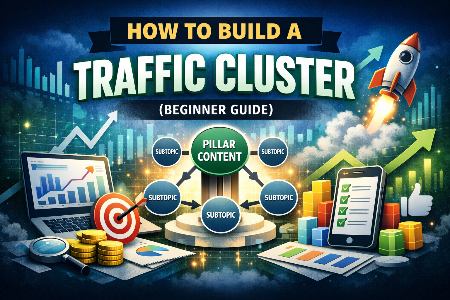High‑authority blog header image showing “How to Build a Traffic Cluster (Beginner Guide)” with laptop charts, rocket launch, target icon, and pillar content diagram symbolizing SEO growth and topical authority.
