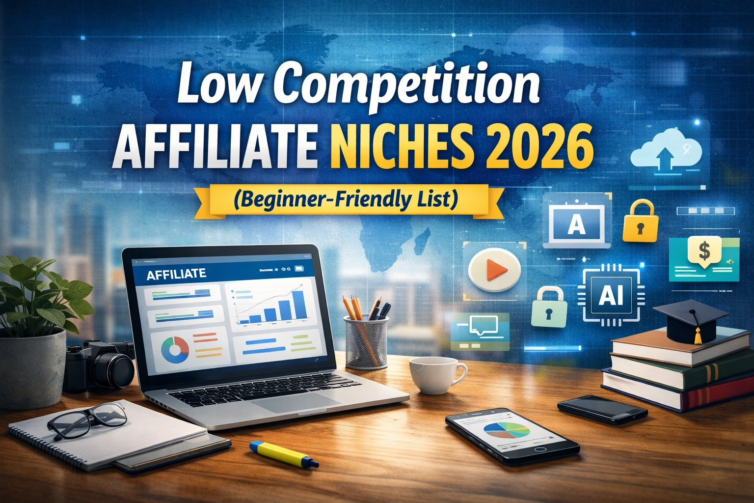 A realistic, high‑authority blog header showing a modern workspace with a laptop displaying affiliate analytics, digital icons for cloud storage, AI, and security, and bold text reading “Low Competition Affiliate Niches 2026 (Beginner‑Friendly List)” on a blue background with a glowing world map.