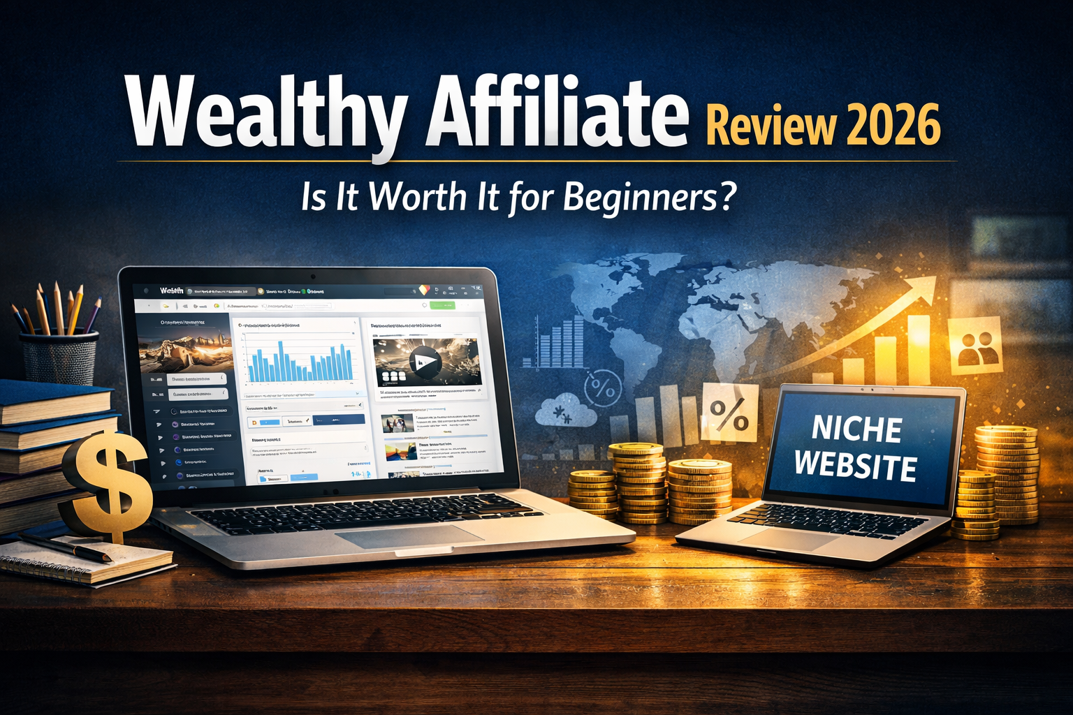 A high‑authority blog header image for the article “Wealthy Affiliate Review 2026: Is It Worth It for Beginners?” showing a professional workspace with a laptop displaying the Wealthy Affiliate dashboard, a stack of books with a golden dollar sign, and digital graphics of coins, charts, and a “NICHE WEBSITE” screen symbolizing online business growth and passive income. The design uses a blue‑and‑gold color scheme with a realistic, modern look to convey trust and success in affiliate marketing.