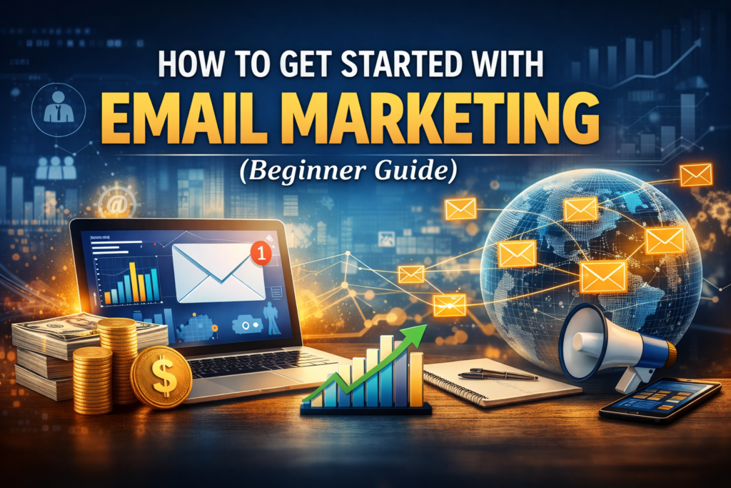 “High‑authority blog header image showing laptop with email marketing dashboard, globe with connected envelope icons, charts, and text ‘How to Get Started With Email Marketing (Beginner Guide)’ — symbolizing global communication and online business growth.”