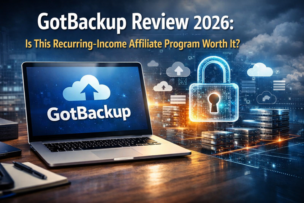 GotBackup Review 2026 blog header showing laptop with GotBackup logo, digital padlock, and cloud data background representing secure backup and recurring affiliate income.
