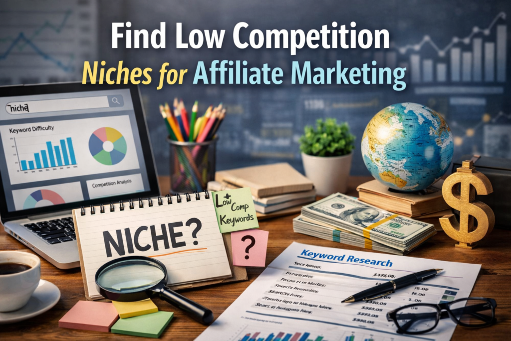 Low competition niche research workspace with laptop, charts, keyword analysis, and marketing tools on a desk.