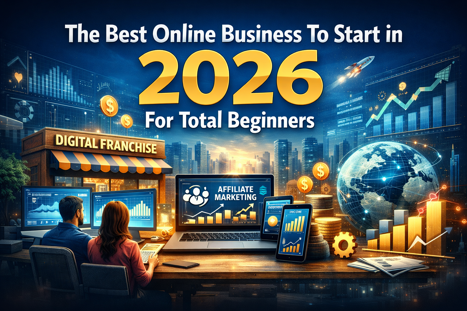 Realistic digital illustration of a man and woman working at computers showing affiliate marketing dashboards, digital franchise storefront, and futuristic city backdrop with charts, dollar signs, and the headline ‘The Best Online Business To Start in 2026 for Total Beginners.’”This version balances keyword relevance (“affiliate marketing,” “digital franchise,” “online business 2026”) with natural readability for accessibility and Google image SEO.  