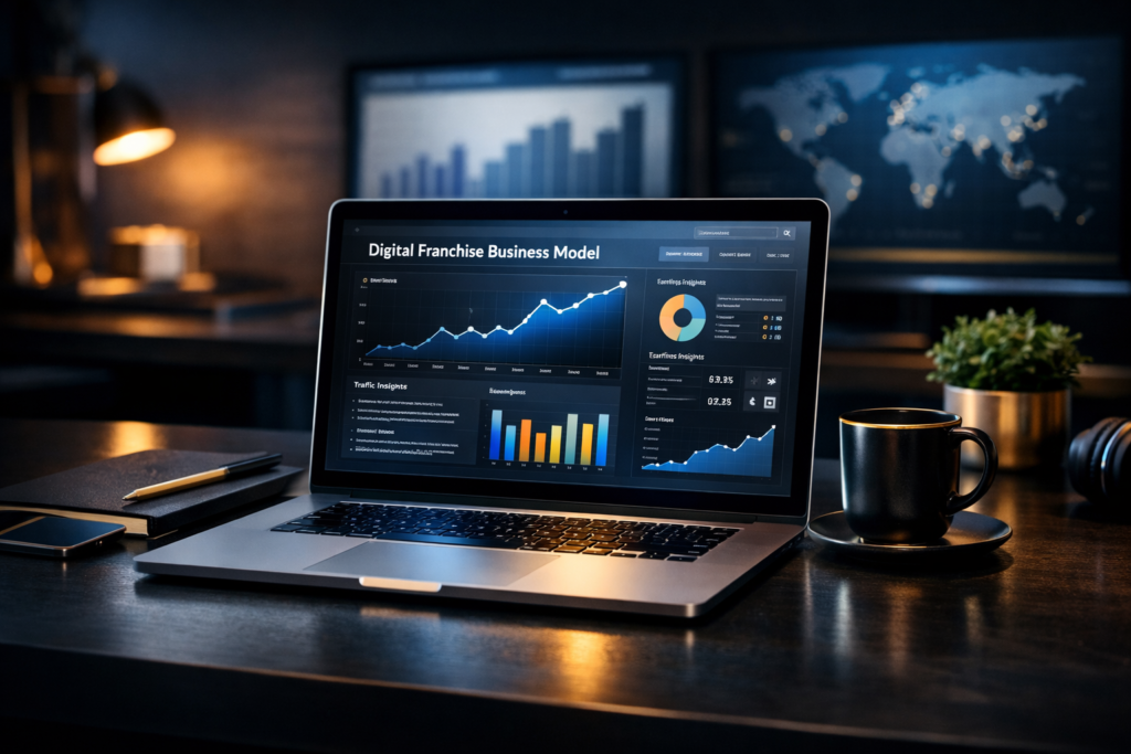 High-authority digital workspace featuring a sleek laptop displaying analytics and growth charts on a dark modern desk with gold accents, symbolizing structure and success in the Digital Franchise Business Model.