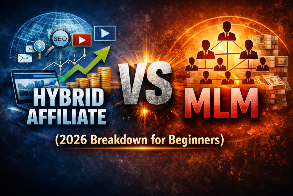 High‑authority blog header image showing Hybrid Affiliate vs MLM comparison with digital business icons, laptop, coins, and network structure split by blue and red tones.