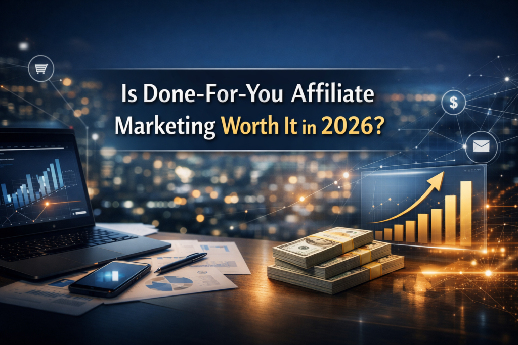 “High‑authority blog header image showing laptop, smartphone, and financial charts with the title ‘Is Done‑For‑You Affiliate Marketing Worth It in 2026?’ in white and gold text over a modern digital business background.”