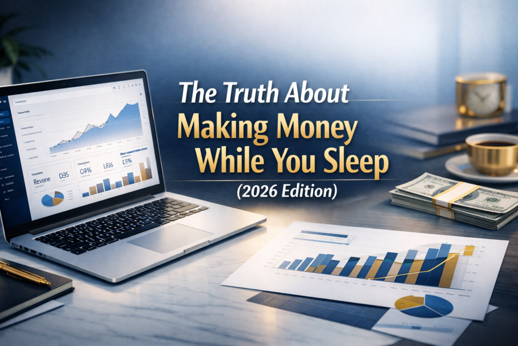 Modern business workspace with laptop showing financial charts, smartphone, and printed analytics on a white desk. Title text reads ‘The Truth About Making Money While You Sleep (2026 Edition)’ in bold gold and white letters on a blue gradient background.”