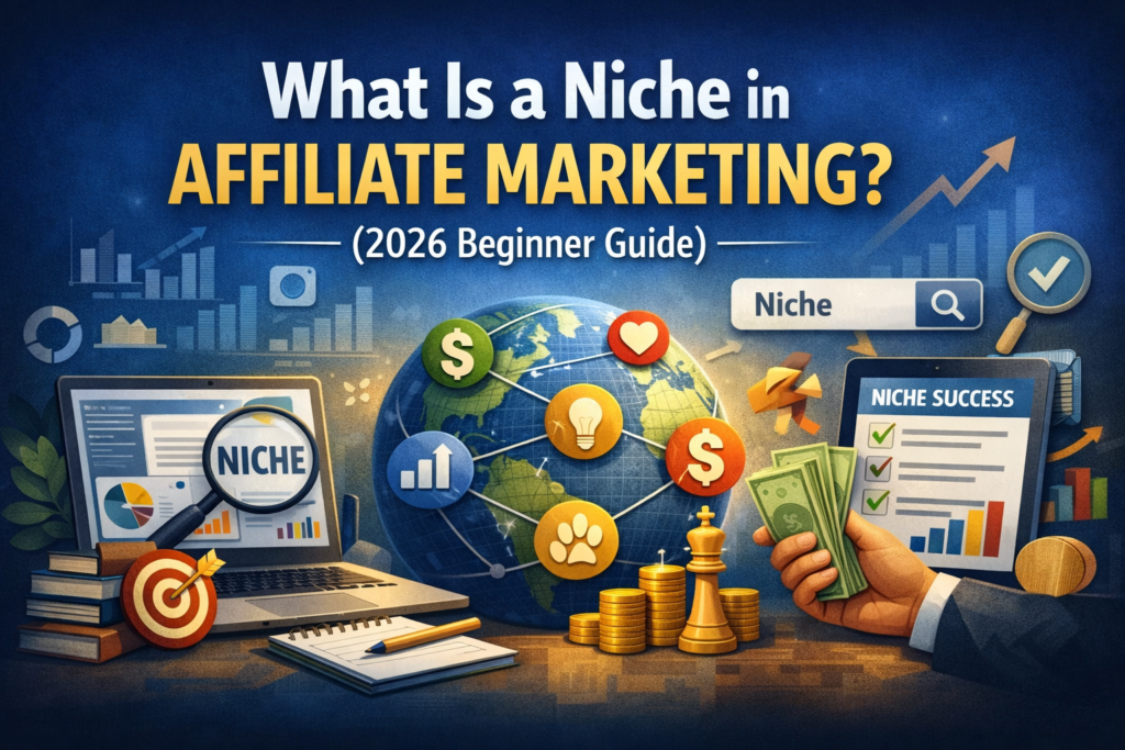 “Realistic digital illustration showing laptop with charts, magnifying glass highlighting the word ‘Niche,’ and globe with connected icons for fitness, finance, pets, and creativity. Title text reads ‘What Is a Niche in Affiliate Marketing? (2026 Beginner Guide)’ in bold white and gold letters.”