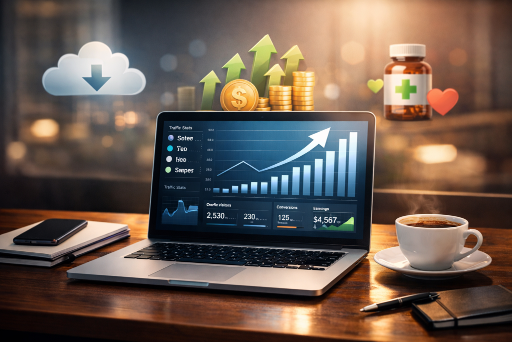 A modern affiliate marketing workspace featuring a laptop displaying analytics charts, rising traffic graphs, conversion stats, and earnings data. The desk includes a smartphone, notebook, pen, and a cup of coffee, with soft lighting and floating digital icons representing cloud backup, financial growth, and wellness products. High‑authority, professional business environment.