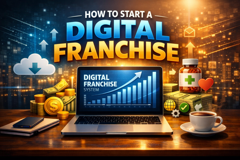 A high‑authority digital franchise blog header showing a laptop with growth charts, money icons, and glowing city lights. The title “How to Start a Digital Franchise” appears in bold blue and gold letters, symbolizing success, automation, and online business growth.