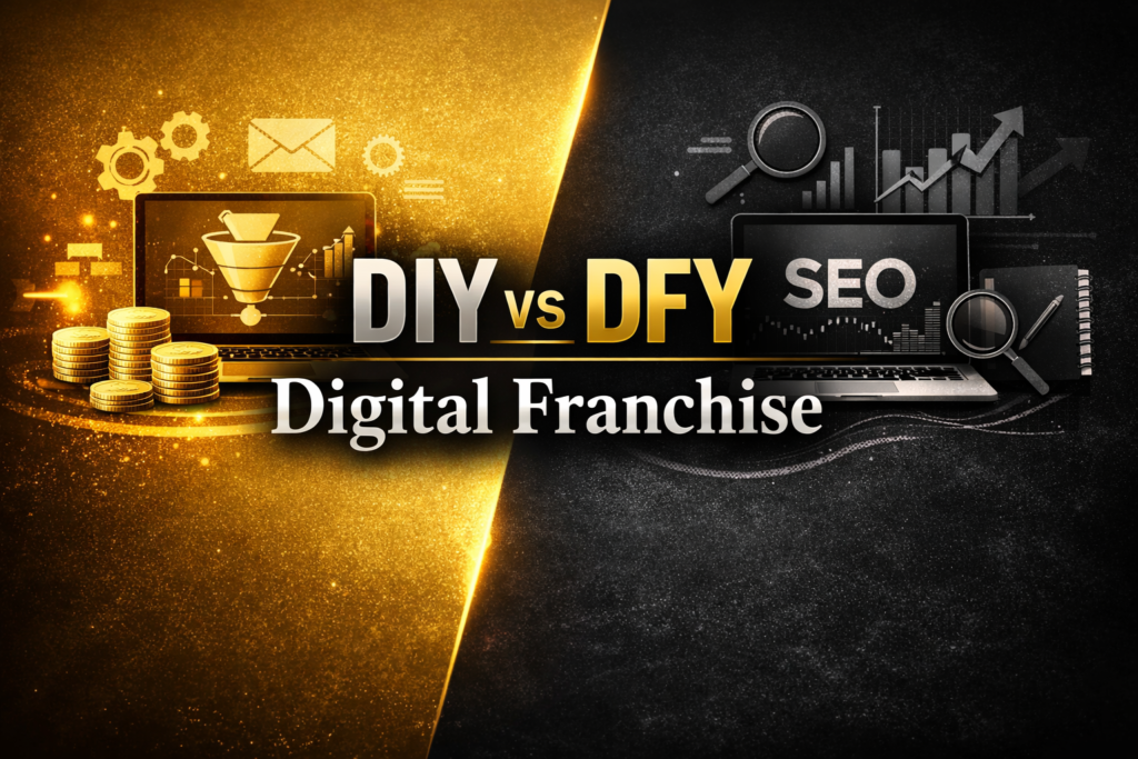 Split‑tone black and gold banner showing “DIY vs DFY Digital Franchise.” The left gold side represents automation and passive income with laptop and funnel icons, while the right dark side represents SEO and content creation with laptop and analytics graphics. Bold central text reads “DIY vs DFY Digital Franchise.”