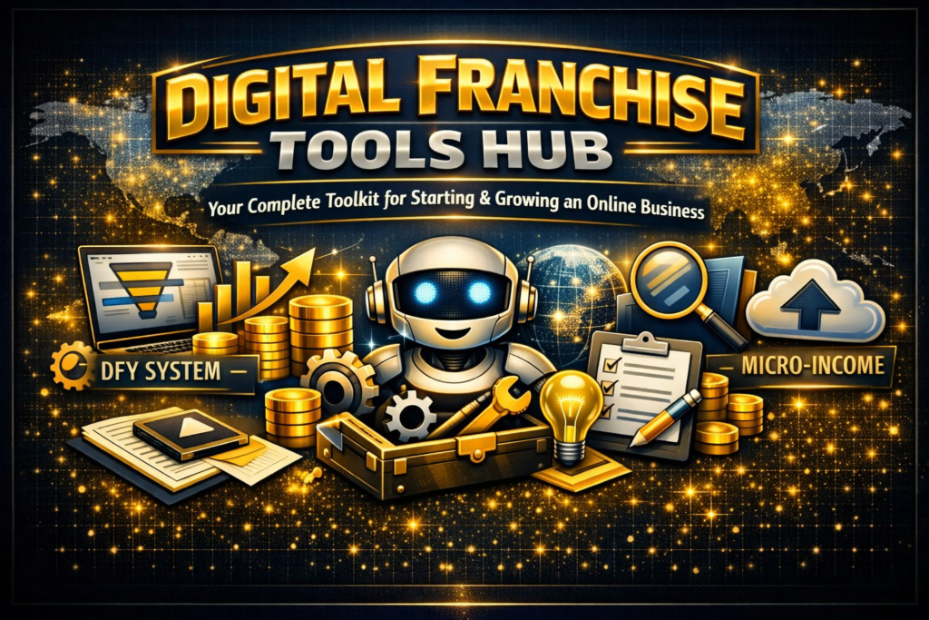 “Digital Franchise Tools Hub banner featuring a futuristic robot surrounded by business icons, gold coins, and digital network graphics. Text reads ‘Digital Franchise Tools Hub – Your Complete Toolkit for Starting & Growing an Online Business,’ representing DFY systems, DIY tools, and micro‑income opportunities.”